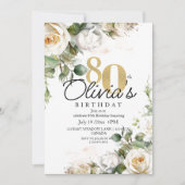 Greenery White Roses & Gold 80th Birthday 招待状 (正面)