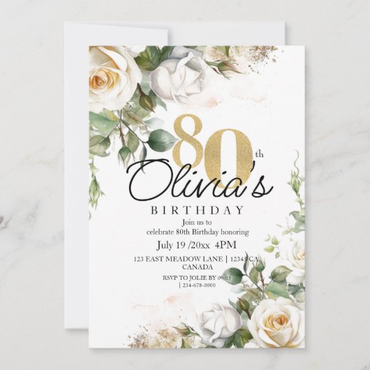 Greenery White Roses & Gold 80th Birthday 招待状 (正面)