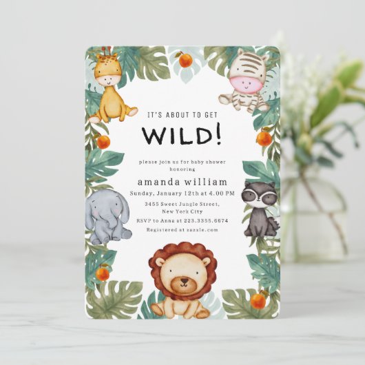 Greenery Wild Forest Sarafi Animals Baby Shower 招待状 (スタンド正面)