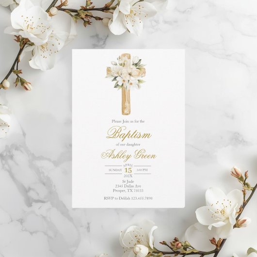 Greenery with cross Baptism 招待状