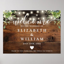 Greenery Wood String Lights Wedding Welcome Sign ポスター