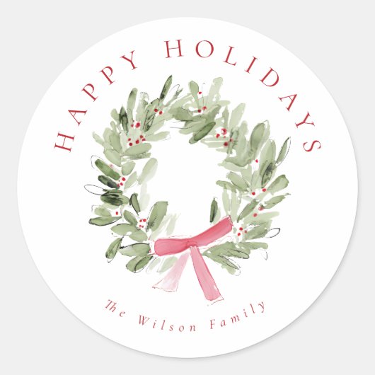 Greenery Wreath & Red Bow Holiday ラウンドシール (正面)
