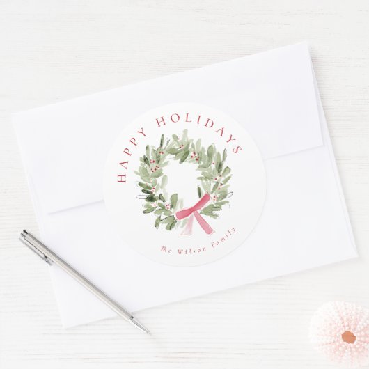 Greenery Wreath & Red Bow Holiday ラウンドシール (封筒)
