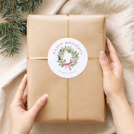 Greenery Wreath & Red Bow Holiday ラウンドシール