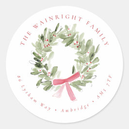 Greenery Wreath & Red Bow Holiday Return Address ラウンドシール