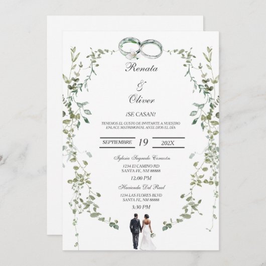 Greenery wreath Spanish Wedding Invitation 招待状 (正面/裏面)