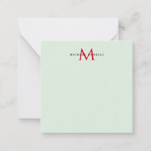 Greenish Grey & Red Monogram Modern Minimalist ノートカード (正面)