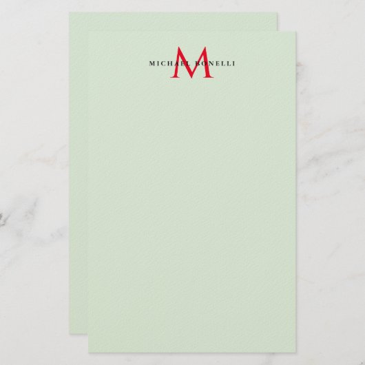Greenish Grey & Red Monogram Modern Minimalist 便箋 (正面/裏面)