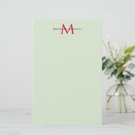 Greenish Grey & Red Monogram Modern Minimalist 便箋 (スタンド正面)