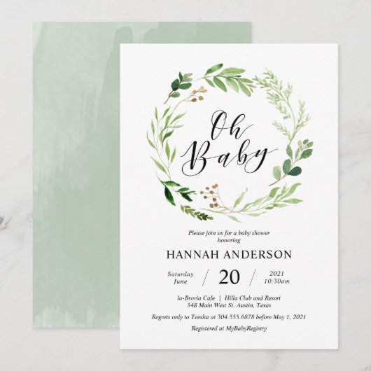 Greenry Ohベビーシャワーの脚モダン本 招待状 (正面/裏面)