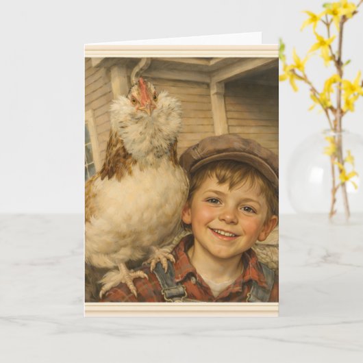 Greeting Card -Cute Boy With Chicken カード (黄色い花)