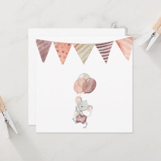 Greeting Card - Little Mouse With Balloons カード (正面/裏面インサイチュ)