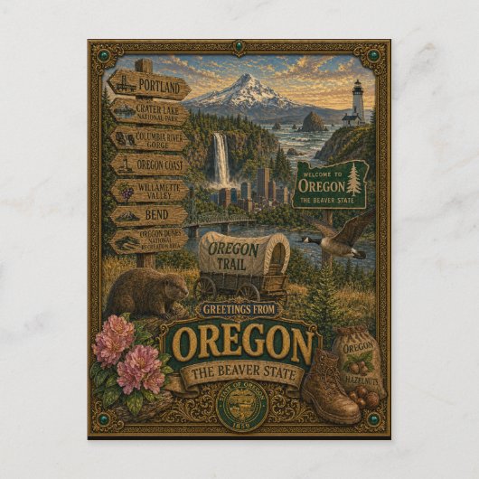 Greetings From Oregon | Vintage Retro Art ポストカード (正面)