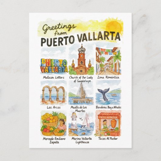 Greetings from Puerto Vallarta | Watercolor Travel ポストカード (正面)