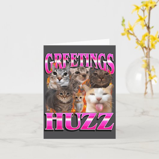 Greetings Huzz Funny Cat Meme Bootleg Graphic Men  カード (黄色い花)