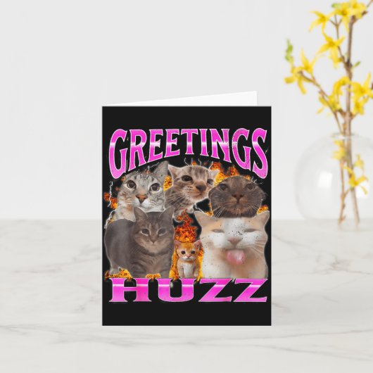 Greetings Huzz Funny Cat Meme Bootleg Graphic Men  カード (黄色い花)
