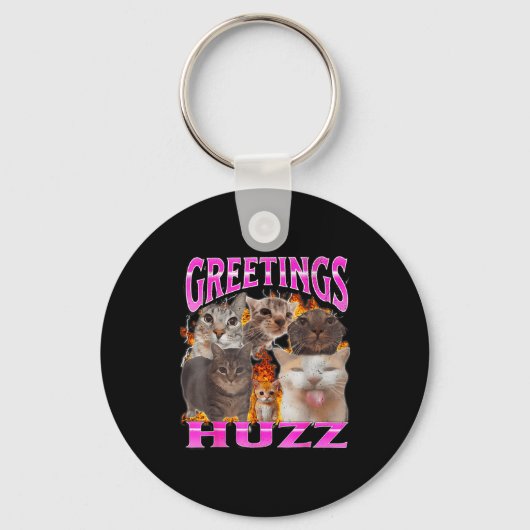 Greetings Huzz Funny Cat Meme Bootleg Graphic Men  キーホルダー (正面)