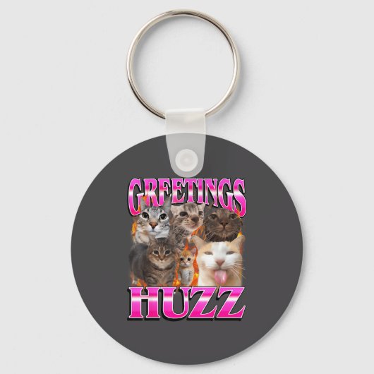 Greetings Huzz Funny Cat Meme Bootleg Graphic Men キーホルダー (正面)