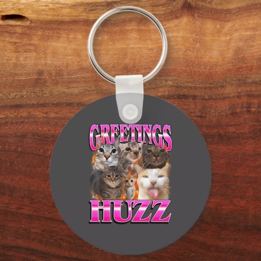 Greetings Huzz Funny Cat Meme Bootleg Graphic Men キーホルダー (正面)