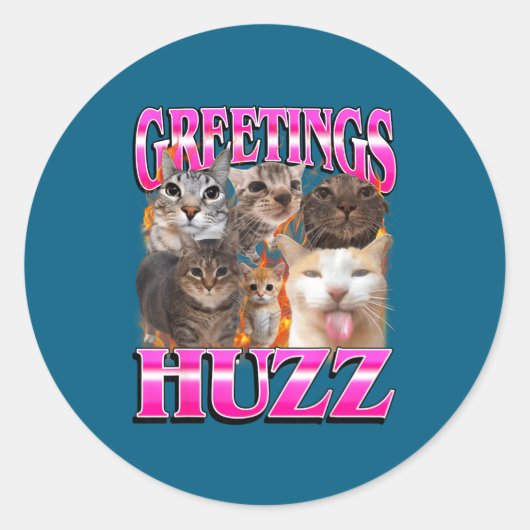 Greetings Huzz Funny Cat Meme Bootleg Graphic Men ラウンドシール (正面)