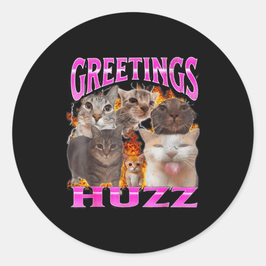 Greetings Huzz Funny Cat Meme Bootleg Graphic Men  ラウンドシール (正面)