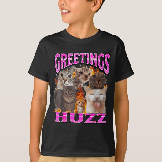 Greetings Huzz Funny Cat Meme Bootleg Graphic Men Tシャツ (正面)