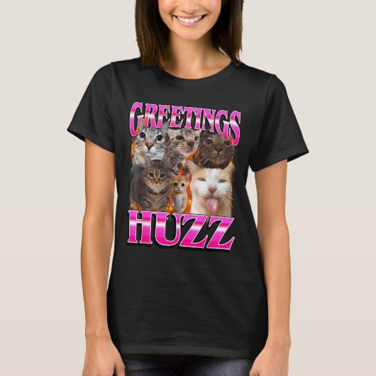 Greetings Huzz Funny Cat Meme Bootleg Graphic Men  Tシャツ (正面)