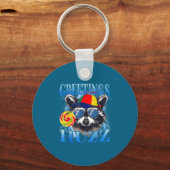 Greetings Huzz Raccoon Meme Chaos Humor Vibes  キーホルダー (正面)