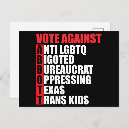 Greg Abbottテキサス州民主党のアクロスティック議員に対する投票 ポストカード (正面/裏面)