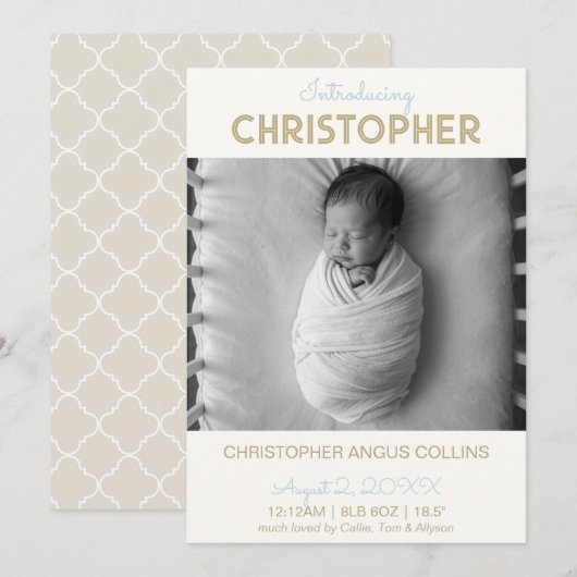 Greige Modern Quatrefoil Birth Announcement Card (正面/裏面)