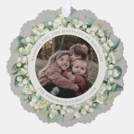 Greige Snowberry+Eucalyptus Holiday Wreath Photo  オーナメントカード