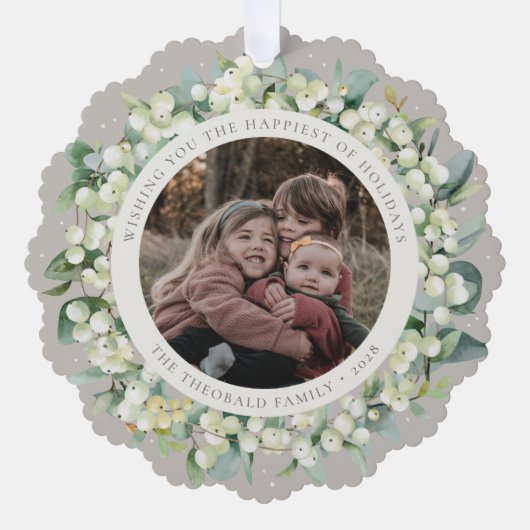 Greige Snowberry+Eucalyptus Holiday Wreath Photo  オーナメントカード (正面)