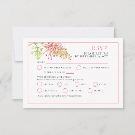 Grevillea水色フローラ結婚のオプションRSVP 出欠カード (正面)