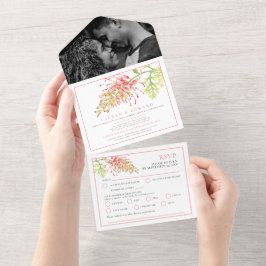 Grevillea水色フローラ結婚式RSVPオプション オールインワン招待状