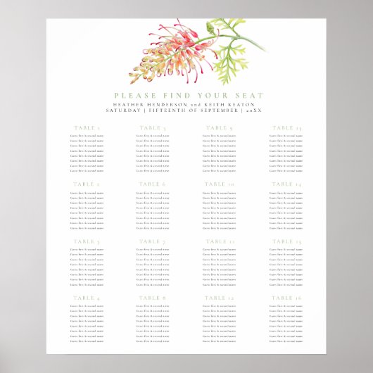 Grevillea floral green wedding 16 tables plan ポスター (正面)