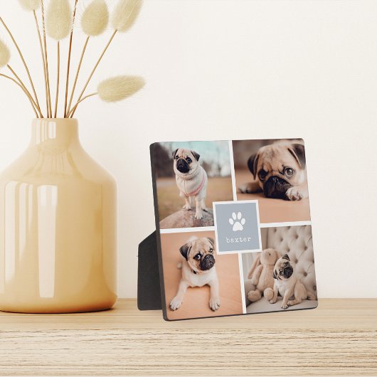 Grey | 犬の名前と足跡のペット写真コラージュ フォトプラーク