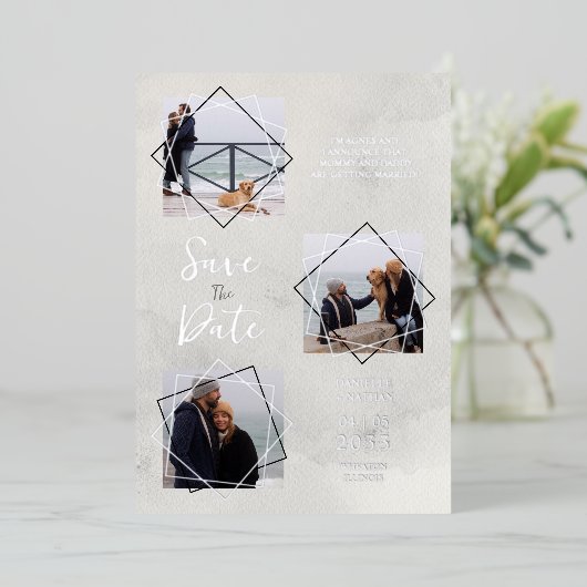  Grey 3 Multi Photos Collage Pet Dog Wedding idea 箔招待状 (立ち正面)