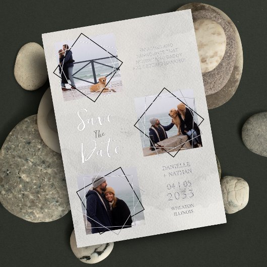  Grey 3 Multi Photos Collage Pet Dog Wedding idea 箔招待状