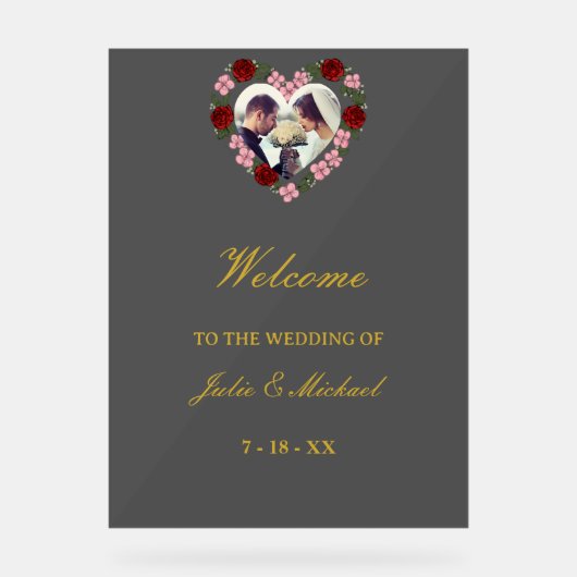 Grey Acrylic Wedding Welcome Sign - Floral Heart アクリルサイン (正面)