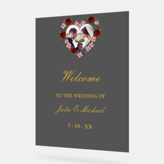 Grey Acrylic Wedding Welcome Sign - Floral Heart アクリルサイン (傾斜)