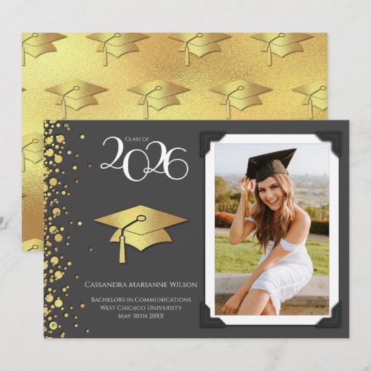 Grey and Gold Graduation Announcement 招待状 (正面/裏面)