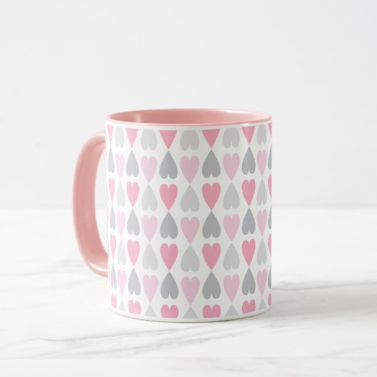 Grey and Pink Hearts Coffee Cup Valentine's Mug マグカップ (正面左)