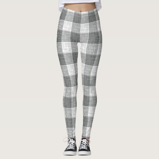 Grey and White Checkered Crosshatch Plaid  レギンス (正面)