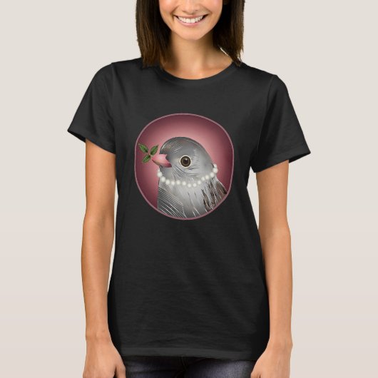 Grey bird with pearl necklace and branch in beak tシャツ (正面)