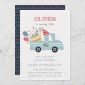 Grey Blue Any Age Birthday Party Cake Truck 招待状 (正面/裏面)