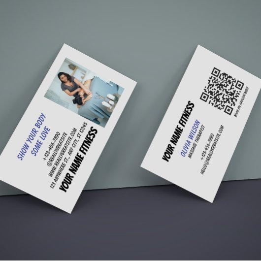 Grey Blue Black Photo-centric Fitness QR Code  名刺