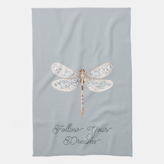 Grey Blue Bronze White Dragonfly キッチンタオル (縦)