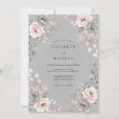 Grey Blush Floral Romantic Wedding 招待状 (正面)