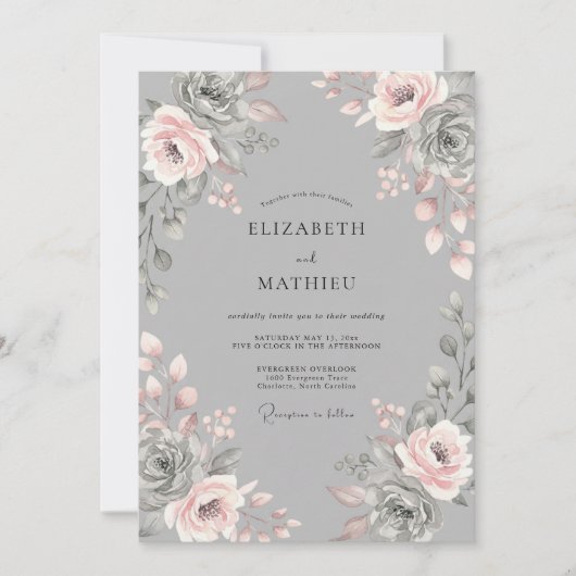 Grey Blush Floral Romantic Wedding 招待状 (正面)