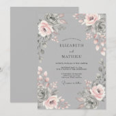 Grey Blush Floral Romantic Wedding 招待状 (正面/裏面)
